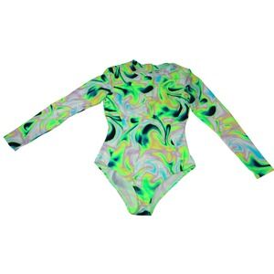 Endless Waves Womens Long Sleeve Bodysuit Swirl Print Zipper Closure Size L